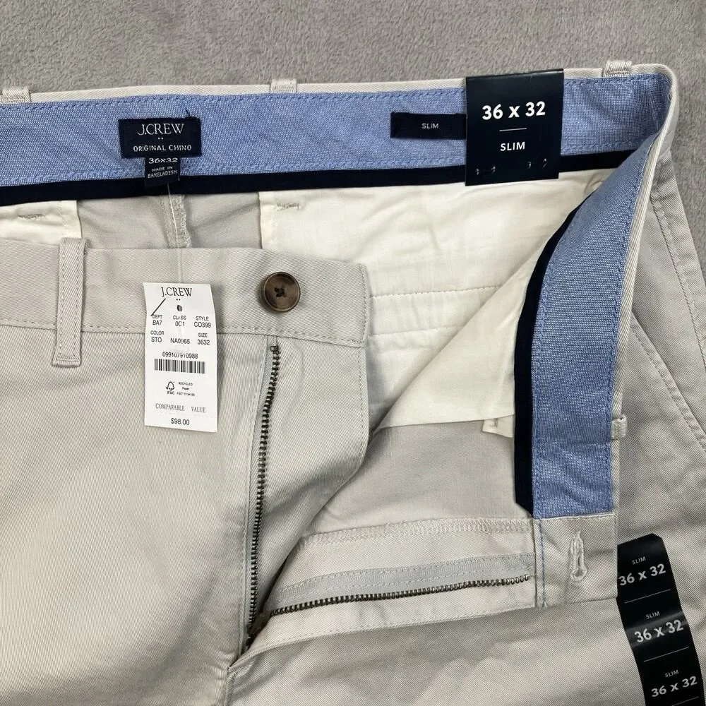 J Crew Chino Pants Mens 36x32 Gray Stone Cotton Stretch Slim Fit Office CO399